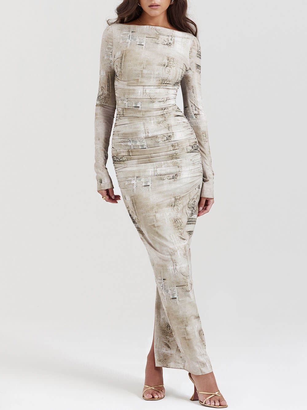 Long Sleeve Ruched Maxi Dress in Neutral Pale Sage Beige Print Maxi Dress NWOT